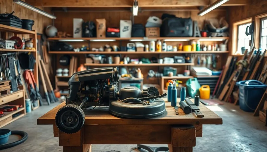 A well-lit workshop interior, with a sturdy wooden workbench in the foreground. On the bench, a disassembled lawn mower sits, its components neatly arranged. In the middle ground, tools and cleaning supplies are gathered, ready for the DIY maintenance. The background features shelves stocked with automotive and gardening supplies, casting a warm, utilitarian ambiance. The lighting is a balanced mix of natural daylight filtering through windows and focused task lighting illuminating the work area. The overall mood is one of focused preparation, with a sense of organized efficiency.