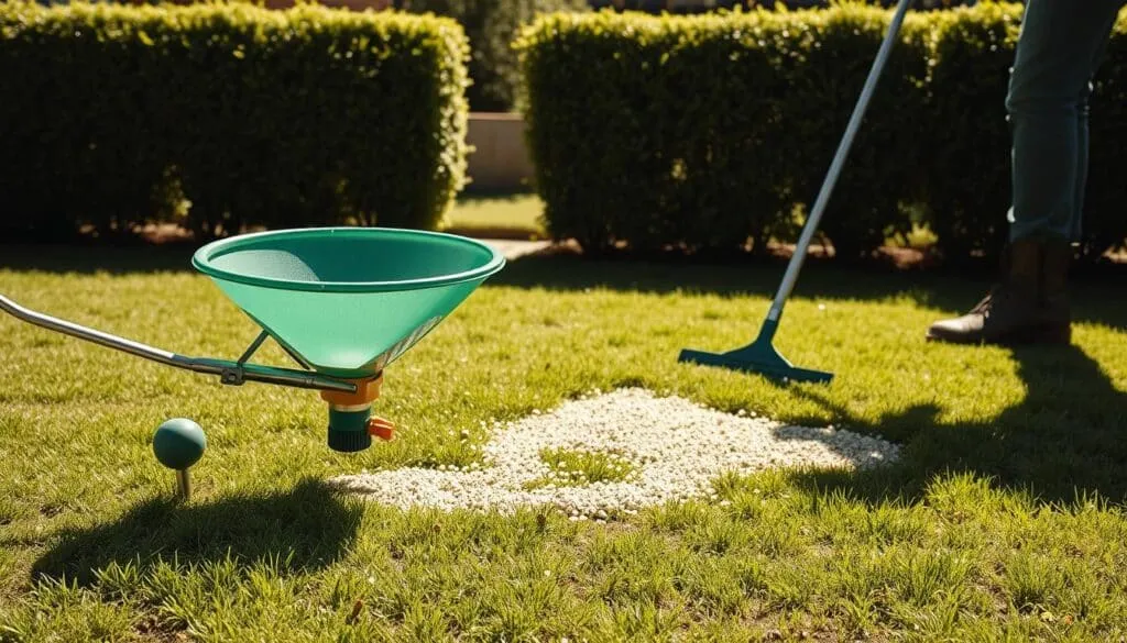 A well-manicured lawn, sun-dappled and lush, with a gardener carefully spreading grass seed over the soil. In the foreground, a hand-held broadcast spreader evenly distributes the tiny seeds, while in the middle ground, a rake gently works the soil to help the seeds make contact. In the background, a neatly trimmed hedge frames the scene, casting soft shadows across the lawn. The lighting is natural and warm, creating a serene, inviting atmosphere. The composition showcases the essential steps of overseeding - preparing the soil, sowing the seeds, and creating the ideal conditions for growth, all in service of a thriving, healthy lawn.