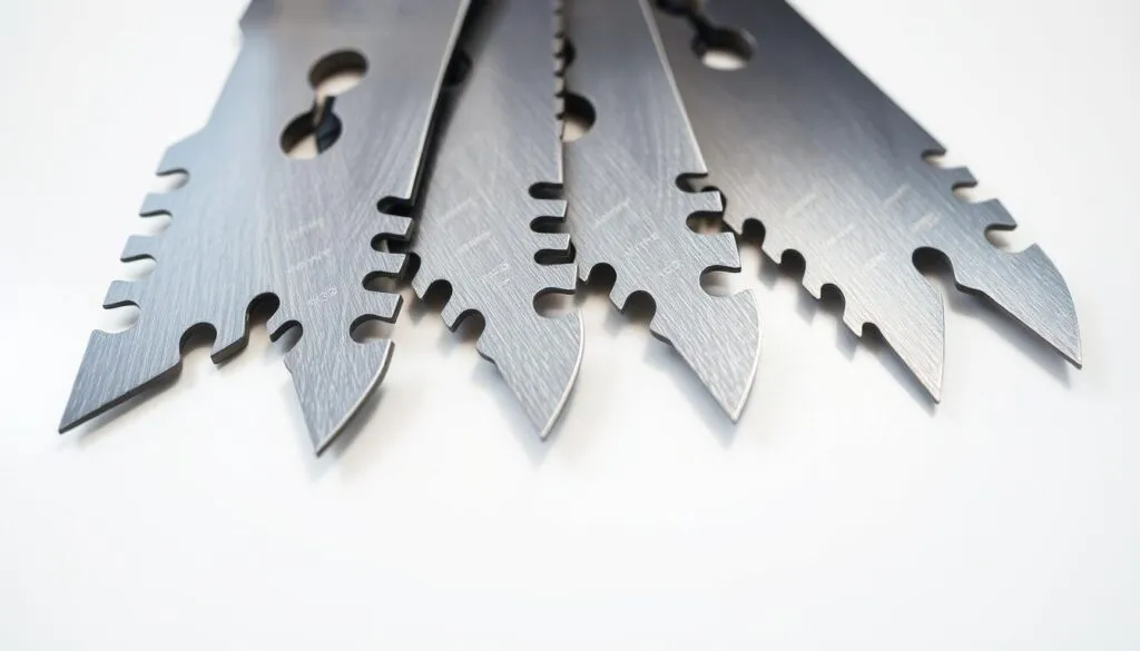 An up-close view of freshly sharpened mower blades, their edges gleaming under bright, evenly diffused lighting. The blades are laid out on a clean, neutral-toned surface, allowing their intricate geometry and razor-sharp teeth to be the sole focus. The image conveys a sense of precision and meticulous care, reflecting the importance of maintaining sharp, well-kept mower blades for optimal lawn cutting performance and a healthy, lush sod.