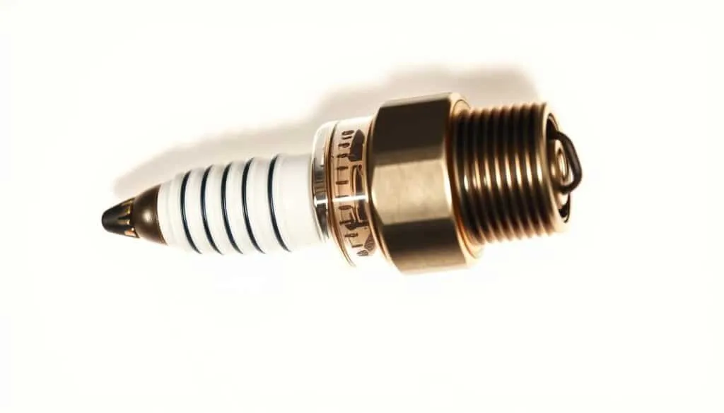 Detailed cross-section of a lawn mower spark plug, showcased against a crisp white background. The spark plug's internal anatomy is meticulously rendered, highlighting the central electrode, side electrode, insulator, and threaded shell. Subtle warm lighting from an angle casts gentle shadows, emphasizing the plug's intricate components. The image should convey a sense of technical precision and educational clarity, suitable for illustrating the workings of a lawn mower spark plug.