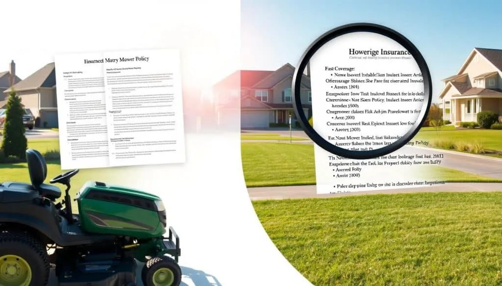 Riding mower policy coverage differences: A detailed illustration. A well-lit, high-resolution image showcasing the nuanced differences between homeowners insurance policies. In the foreground, a riding lawn mower, its engine idling, set against a crisp white backdrop. Overhead, a grid of insurance policy documents, each with subtle variations in coverage and exclusions, casting a soft, directional lighting. In the middle ground, a magnifying glass highlighting the fine print, emphasizing the importance of understanding policy details. The background features a serene suburban landscape, with neatly manicured lawns and a clear, blue sky, underscoring the everyday context of this insurance dilemma.