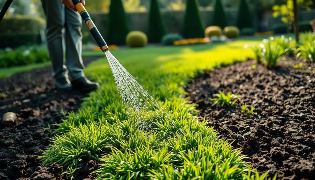 Vibrant, lush green sod lawn being meticulously watered by a person holding a garden hose, water gently cascading over the fresh grass. Soft, diffused natural lighting illuminates the scene, casting gentle shadows. The soil is dark and rich, recently tilled and prepared to nourish the new grass. In the background, a well-manicured garden and verdant trees create a serene, bucolic atmosphere. The overall mood is one of care, attention, and the pride of a homeowner tending to their newly laid lawn.