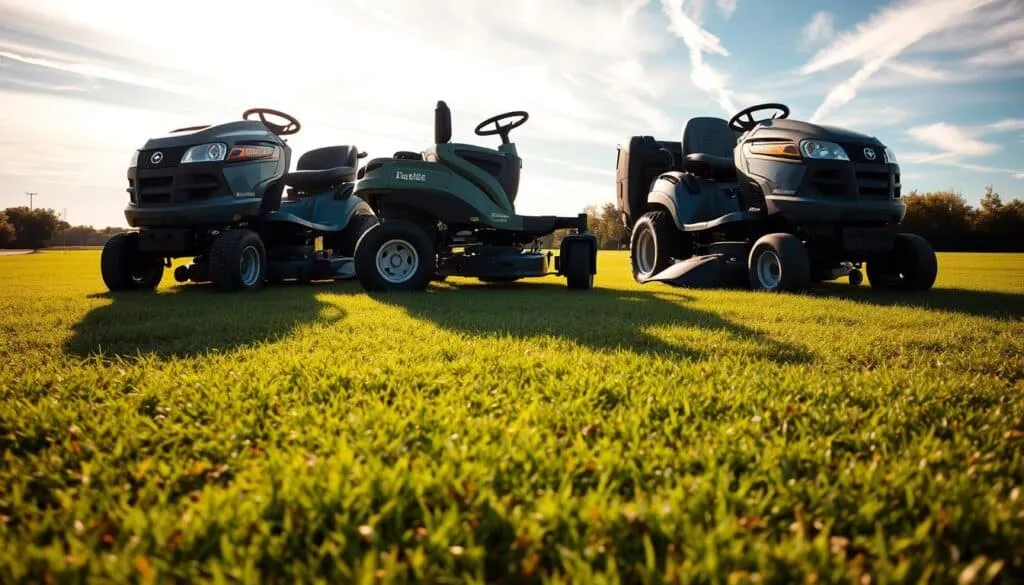 a detailed comparison of riding mowers, showcasing their lifespans. in the foreground, three riding mowers of different makes and models stand side by side, their distinctive designs and features prominently displayed. the middle ground depicts a well-manicured lawn, with the mowers casting long shadows that convey a sense of depth and scale. the background features a bright, sun-dappled sky with wispy clouds, creating a warm and inviting atmosphere. the lighting is natural, with soft highlights and shadows that accentuate the mowers' shapes and textures. the camera angle is slightly elevated, giving a broad, panoramic view of the scene. the overall mood is one of clarity, precision, and a focus on the practical and functional aspects of these essential lawn care tools.
