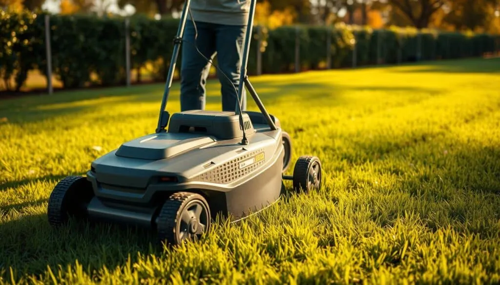 a detailed landscape scene of a lush green lawn being carefully mowed with a modern electric lawn mower, the mower's motor is audible and the blades are clearly visible as they smoothly cut the grass, a person in casual attire is shown operating the mower, with a focused expression as they guide the mower across the lawn, the scene is illuminated by warm, natural sunlight creating long, soft shadows, the lawn is bordered by a low fence or hedgerow, with trees and other foliage visible in the background, conveying a sense of care and attention to maintaining a healthy, well-manicured new lawn