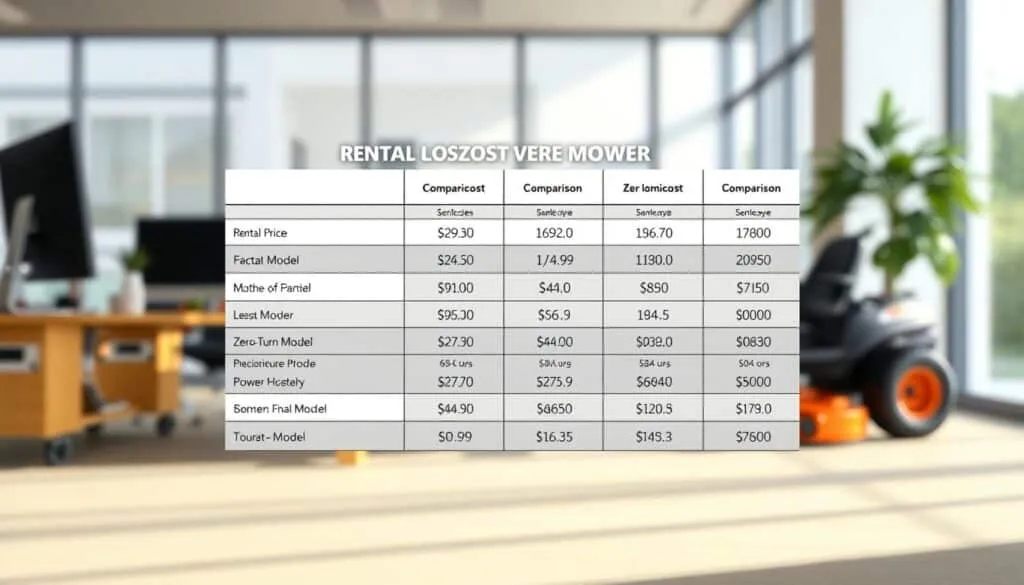 a digital painting of a rental cost comparison chart, set against the backdrop of a modern office space. The chart displays detailed side-by-side comparisons of rental prices for various zero-turn mower models, with clear labeling and precise data visualization. The foreground features the chart rendered in a clean, minimalist style, with a professional color palette and crisp typography. The middle ground showcases a partially visible desk, computer, and other office accessories, creating a sense of context and setting. The background depicts a softly blurred office environment, with large windows allowing natural light to filter in and create a bright, airy atmosphere. The overall composition conveys a sense of data-driven decision making and thoughtful comparison for the prospective zero-turn mower renter. a digital painting of a rental cost comparison chart, set against the backdrop of a modern office space. The chart displays detailed side-by-side comparisons of rental prices for various zero-turn mower models, with clear labeling and precise data visualization. The foreground features the chart rendered in a clean, minimalist style, with a professional color palette and crisp typography. The middle ground showcases a partially visible desk, computer, and other office accessories, creating a sense of context and setting. The background depicts a softly blurred office environment, with large windows allowing natural light to filter in and create a bright, airy atmosphere. The overall composition conveys a sense of data-driven decision making and thoughtful comparison for the prospective zero-turn mower renter.