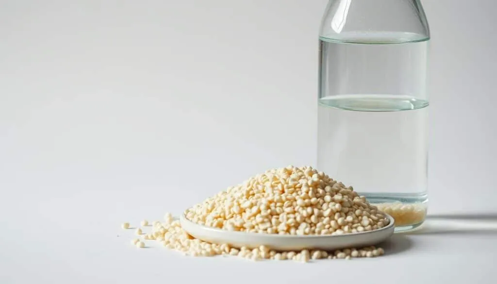 A close-up comparison of granular and liquid fertilizers against a clean, well-lit background. The granular fertilizer is displayed in a shallow dish, its individual pellets clearly visible. The liquid fertilizer is contained in a transparent glass bottle, allowing its viscous, aqueous nature to be observed. Soft, directional lighting accentuates the textures and colors of both products. The image conveys a sense of scientific objectivity, highlighting the distinct physical properties of these two common lawn and garden fertilizer types.