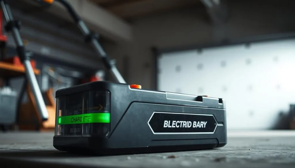 A close-up shot of a lawn mower battery, showcasing its charge level cycles. The battery is positioned prominently in the foreground, with a clean, clinical lighting setup that accentuates its metallic casing and internal components. The middle ground features a simple, minimalist backdrop, allowing the battery to be the focal point. The background subtly suggests a workshop or garage setting, hinting at the environment where this battery would be used. The overall mood is one of technical precision and attention to detail, reflecting the importance of understanding battery lifespan for maintaining an electric lawn mower.