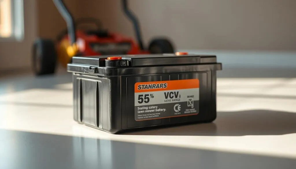 A close-up view of a standard lawn mower battery, showcasing its voltage range displayed prominently on the label. The battery is resting on a clean, well-lit surface, casting soft shadows that accentuate its form. The lighting is soft and natural, creating a warm, inviting atmosphere. The background is blurred, keeping the focus on the battery and its technical specifications. The image should convey a sense of reliability and professionalism, reflecting the informative nature of the article section.