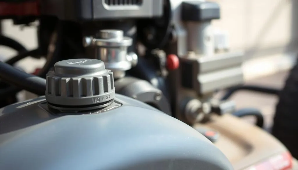 A closeup view of a fuel mixture for a small engine, such as a lawn mower. The image shows the fuel tank, fuel line, and carburetor in the foreground, with a crisp level of detail. The middle ground features the engine block and cylinder head, showcasing the mechanical components involved in fuel delivery and combustion. The background is slightly blurred, creating a sense of focus on the fuel mixture system. The lighting is natural and directional, casting subtle shadows that emphasize the textures and forms of the engine parts. The overall mood is one of technical precision and functional design, reflecting the subject matter of the 