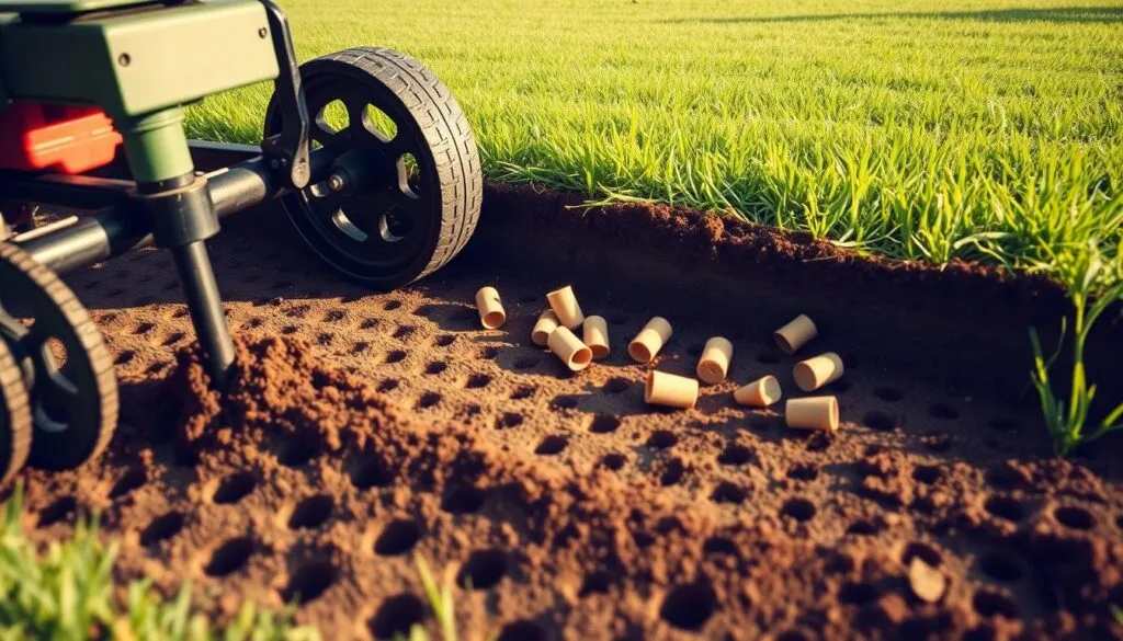 A cross-section view of the core aeration process on a well-manicured lawn. In the foreground, a lawn aerator with hollow tines penetrates the soil, extracting cylindrical soil cores. The middle ground showcases the freshly aerated lawn, revealing the perforated soil surface and the extracted soil cores scattered on the grass. In the background, a lush, green lawn stretches out, hinting at the beneficial effects of core aeration on grass health and vigor. The scene is illuminated by warm, natural lighting, casting soft shadows and highlighting the texture of the soil and grass. The overall atmosphere conveys a sense of diligent lawn care and the importance of core aeration for optimal lawn maintenance.