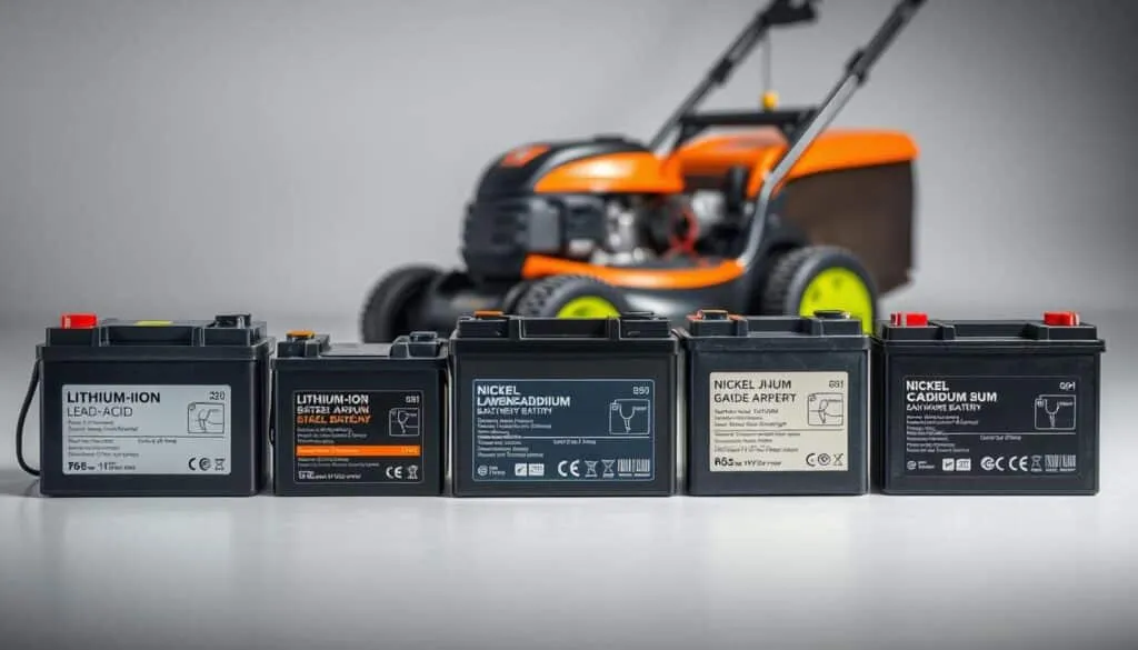 A detailed comparison of various types of lawn mower batteries, showcased in a well-lit, professional studio setting. The foreground features a lineup of different battery models, including lithium-ion, lead-acid, and nickel-cadmium varieties, each presented with clear technical specifications and visual cues to distinguish their unique characteristics. The middle ground showcases a lawn mower in the background, providing context and highlighting the practical application of these batteries. The overall composition is clean, crisp, and devoid of any distractions, allowing the viewer to focus solely on the batteries and their distinguishing features.