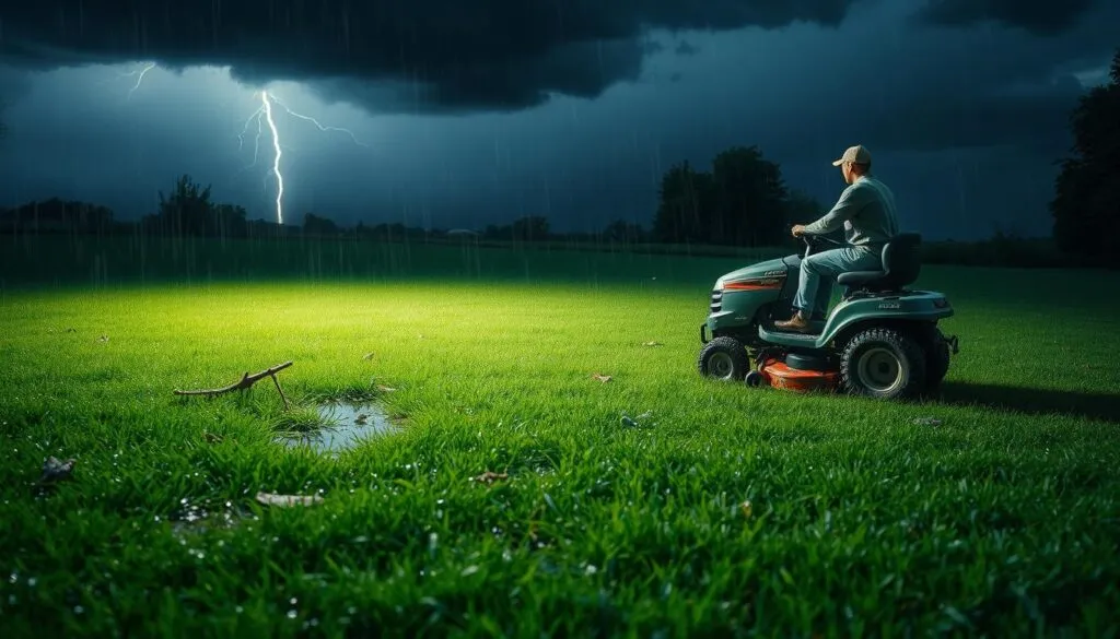 A lush green lawn, glistening with raindrops, serves as the backdrop for a harrowing scene of lawn mower safety hazards. In the foreground, a rider sits atop a powerful mower, oblivious to the puddles of water that could lead to electrical shock or loss of traction. The middle ground reveals loose debris, including sticks and stones, which could be picked up and launched dangerously by the spinning blades. Overhead, dark storm clouds loom, casting an ominous shadow and suggesting the increased risk of lightning strikes. The scene is illuminated by a soft, diffused natural light, creating a sense of urgency and a need for caution. This image aims to vividly convey the perilous conditions of mowing a wet lawn, underscoring the importance of postponing the task until drier, safer conditions prevail. A lush green lawn, glistening with raindrops, serves as the backdrop for a harrowing scene of lawn mower safety hazards. In the foreground, a rider sits atop a powerful mower, oblivious to the puddles of water that could lead to electrical shock or loss of traction. The middle ground reveals loose debris, including sticks and stones, which could be picked up and launched dangerously by the spinning blades. Overhead, dark storm clouds loom, casting an ominous shadow and suggesting the increased risk of lightning strikes. The scene is illuminated by a soft, diffused natural light, creating a sense of urgency and a need for caution. This image aims to vividly convey the perilous conditions of mowing a wet lawn, underscoring the importance of postponing the task until drier, safer conditions prevail.