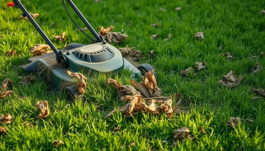 A lush, green lawn with scattered patches of dead, dried-out grass. In the foreground, a lawn mower struggles to cut through the thick, matted thatch, its blades unable to effectively remove the lifeless vegetation. The mower's limitations are evident as it leaves behind stubborn, brown clumps, unable to fully rejuvenate the lawn. Soft, diffused lighting casts long shadows, highlighting the contrast between the vibrant and the withered. The scene conveys the challenges homeowners face in Michigan, where the climate and environmental factors can make it difficult to maintain a pristine, healthy lawn using a standard lawn mower alone. A lush, green lawn with scattered patches of dead, dried-out grass. In the foreground, a lawn mower struggles to cut through the thick, matted thatch, its blades unable to effectively remove the lifeless vegetation. The mower's limitations are evident as it leaves behind stubborn, brown clumps, unable to fully rejuvenate the lawn. Soft, diffused lighting casts long shadows, highlighting the contrast between the vibrant and the withered. The scene conveys the challenges homeowners face in Michigan, where the climate and environmental factors can make it difficult to maintain a pristine, healthy lawn using a standard lawn mower alone.