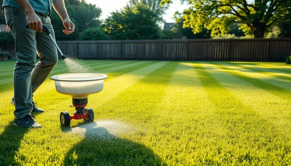 A lush, manicured lawn in soft afternoon light. In the foreground, a person in casual attire carefully spreads granular fertilizer using a handheld broadcast spreader, ensuring even coverage. The fertilizer granules catch the sunlight, creating a shimmer across the grass. In the middle ground, freshly mowed stripes criss-cross the lawn, highlighting the vibrant green hue. In the background, a wooden fence and mature trees frame the scene, conveying a sense of tranquility. The composition emphasizes the precision and timing of the fertilizer application, as if capturing a pivotal moment in lawn care.