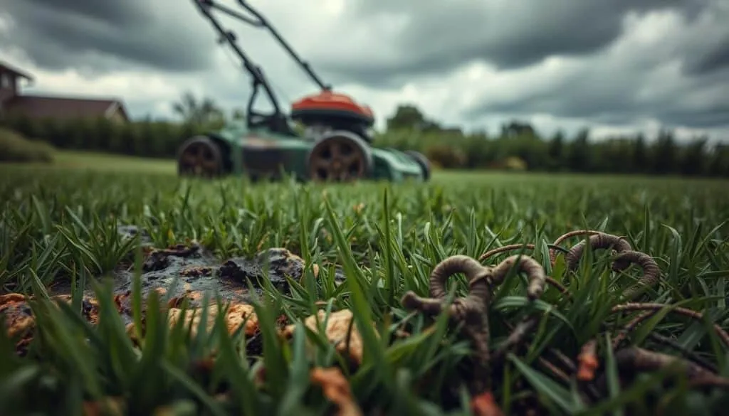 A lush, overgrown lawn, its verdant blades glistening with the remnants of a recent rainfall. In the foreground, distinct patches of discoloration and decay, the telltale signs of lawn diseases brought on by wet mowing. Peering closer, one can see the intricate web of fungal growths, their intricate tendrils spreading across the soil, choking the life from the once-vibrant grass. The middle ground reveals a push mower, its blades caked with mud and organic matter, the culprit responsible for the spreading infection. In the background, a somber, overcast sky, the heavy clouds hinting at the impending storm, a metaphor for the impending doom facing the lawn. Captured with a shallow depth of field, the image evokes a sense of foreboding, a cautionary tale of the risks of mowing in less-than-ideal conditions. A lush, overgrown lawn, its verdant blades glistening with the remnants of a recent rainfall. In the foreground, distinct patches of discoloration and decay, the telltale signs of lawn diseases brought on by wet mowing. Peering closer, one can see the intricate web of fungal growths, their intricate tendrils spreading across the soil, choking the life from the once-vibrant grass. The middle ground reveals a push mower, its blades caked with mud and organic matter, the culprit responsible for the spreading infection. In the background, a somber, overcast sky, the heavy clouds hinting at the impending storm, a metaphor for the impending doom facing the lawn. Captured with a shallow depth of field, the image evokes a sense of foreboding, a cautionary tale of the risks of mowing in less-than-ideal conditions.