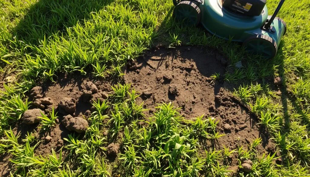 A lush, verdant lawn lies damaged, its once-vibrant grass crushed and compacted by the relentless passage of a heavy lawn mower. The soil, once aerated and fertile, now appears dry and compact, the imprints of the mower's wheels clearly visible. Sunlight filters through the foliage, casting long shadows that accentuate the distressed texture of the earth. The scene conveys a sense of concern and a need for careful consideration before mowing, especially after periods of rainfall, to avoid lasting harm to the delicate balance of the lawn's ecosystem.