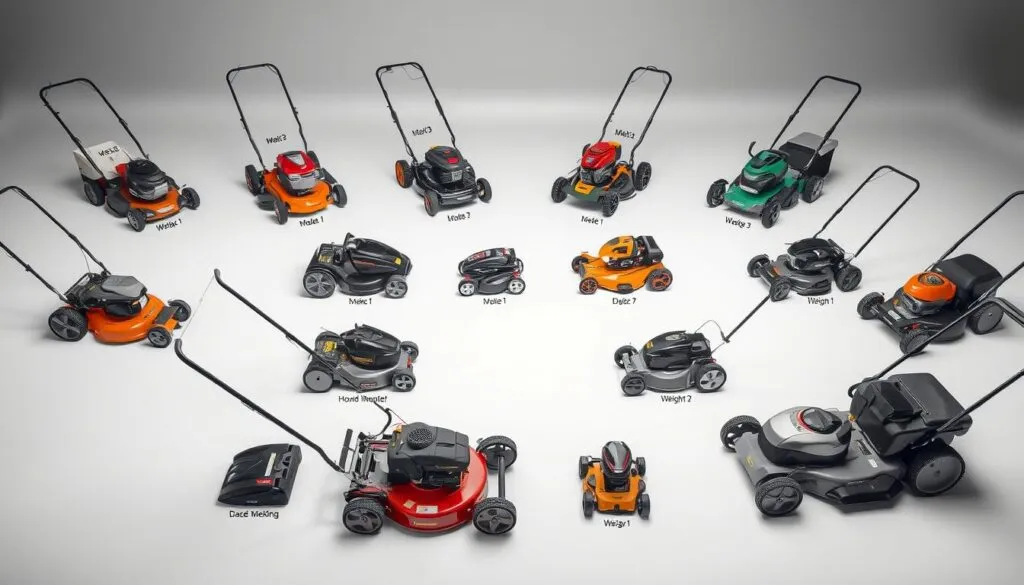 A meticulously detailed comparison of various lawn mowers, captured in a clean and informative visual. A well-lit, high-quality studio setup showcases an array of lawn mowers, each clearly labeled with its make, model, and weight specifications. The mowers are arranged in a symmetrical grid, allowing for easy side-by-side comparison. The background is a subtle, neutral tone, placing the focus squarely on the lawn mowers. Precise camera angles and lighting ensure optimal visibility of each mower's key features and dimensions. The overall atmosphere is one of authority and professionalism, befitting the comprehensive nature of the comparison.