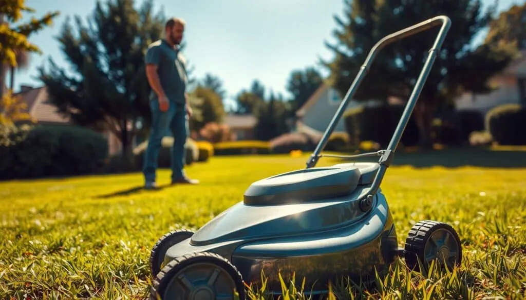 A neatly arranged lawn mower sits on a well-manicured lawn, its gleaming metal surface reflecting the warm afternoon sunlight. The mower stands in the foreground, its clean lines and sharp blades suggesting it is in perfect working order. In the middle ground, a person stands nearby, examining the mower with a thoughtful expression, considering whether to purchase or accept it as a donation. The background is a tranquil suburban setting, with lush greenery and a clear blue sky, creating a peaceful and inviting atmosphere. A neatly arranged lawn mower sits on a well-manicured lawn, its gleaming metal surface reflecting the warm afternoon sunlight. The mower stands in the foreground, its clean lines and sharp blades suggesting it is in perfect working order. In the middle ground, a person stands nearby, examining the mower with a thoughtful expression, considering whether to purchase or accept it as a donation. The background is a tranquil suburban setting, with lush greenery and a clear blue sky, creating a peaceful and inviting atmosphere.
