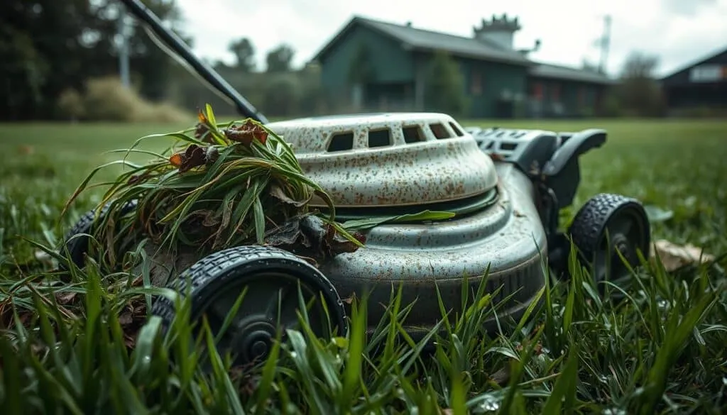 A weathered lawn mower sits abandoned on a damp, verdant lawn. Sodden grass clings to the blades, with patches of torn and trampled foliage surrounding the machine. Sunlight filters through overcast skies, casting a moody, subdued illumination. The mower's metal chassis is streaked with dirt and grass clippings, a testament to the challenges of mowing in wet conditions. In the foreground, droplets of moisture cling to the grass, hinting at the recent rainfall that has left the lawn in a delicate, saturated state. This scene captures the aftermath of an ill-timed mowing attempt, a cautionary tale of the perils of operating machinery on a wet, slippery surface.