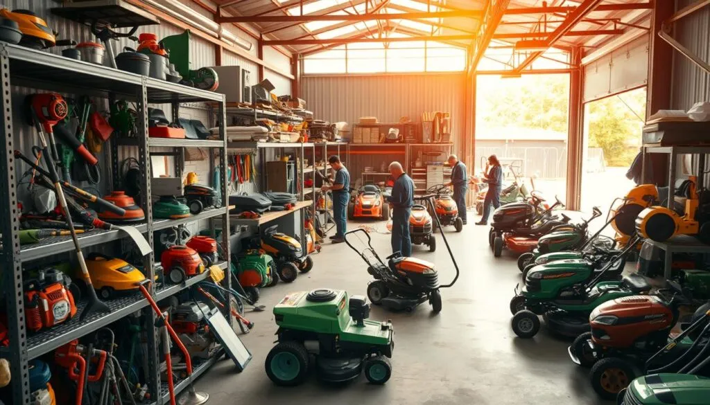 A well-equipped landscaping service workshop, bathed in warm natural light from large windows. In the foreground, an assortment of maintenance tools and equipment - lawnmowers, trimmers, blowers, and more - neatly organized on sturdy metal shelves. In the middle ground, a team of skilled technicians diligently inspecting and servicing various machines, ensuring optimal performance. The background reveals an outdoor yard area, where freshly maintained lawn mowers and other gardening gear are displayed, ready for customer evaluation and selection. The overall scene conveys a sense of professionalism, attention to detail, and a commitment to providing reliable and comprehensive landscaping equipment service options.