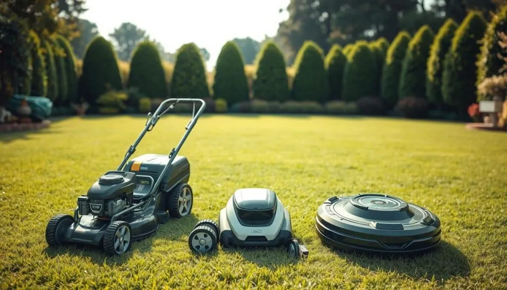 A well-lit, high-resolution comparison of a gas-powered, an electric, and a robotic lawn mower, neatly arranged in the foreground. The gas mower is sturdy and powerful, the electric model sleek and modern, and the robotic unit compact and automated. The middle ground showcases their various features, such as cutting deck size, motor specifications, and battery capacity. In the background, a lush, meticulously manicured lawn serves as the perfect backdrop, emphasizing the mowers' capabilities. The scene conveys a sense of efficiency, innovation, and the evolving landscape of lawn care technology.