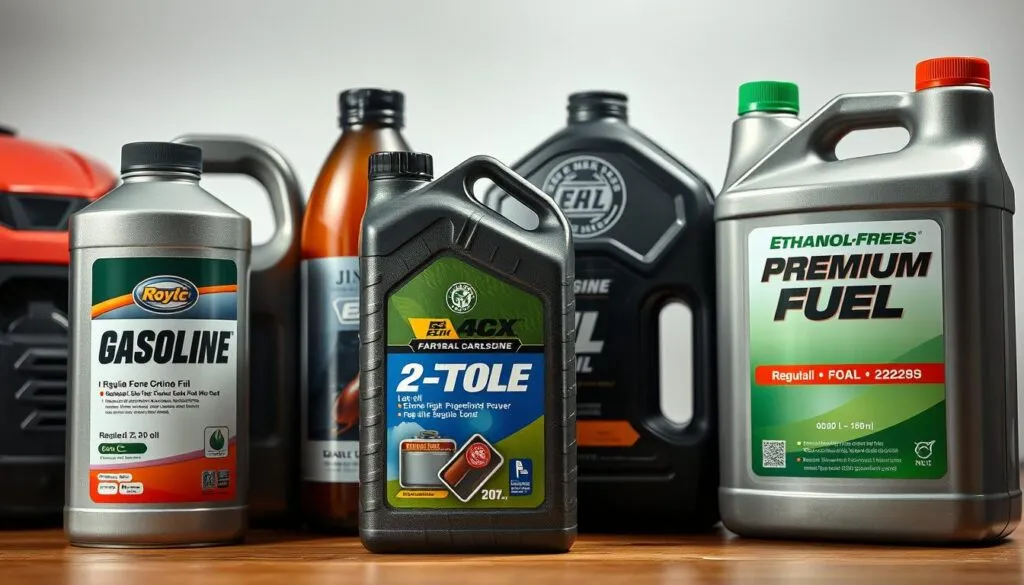 A well-lit, high-resolution image of various fuel containers for lawn mowers, including a can of regular gasoline, a bottle of 2-stroke oil, and a container of ethanol-free premium fuel. The containers are arranged in a visually appealing composition, with the regular gasoline can prominently displayed in the foreground. The image should convey a sense of authority and expertise, highlighting the different fuel options available for lawn mowers and the importance of selecting the right fuel type for optimal performance and engine health.