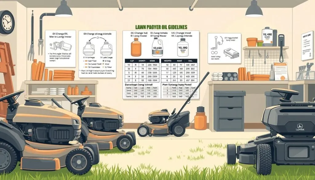 A well-lit, highly detailed illustration of lawn mower oil capacity guidelines. The foreground shows various lawn mower types with their oil tanks highlighted, displaying capacity ranges in clear, legible numbers. In the middle ground, diagrams and charts outline oil change intervals and recommended oil weights for different mower models. The background features a neutral, clean workspace setting with tools and supplies neatly arranged, conveying a sense of technical precision. The overall scene has a crisp, technical illustration style with a muted color palette, allowing the key information to stand out prominently.