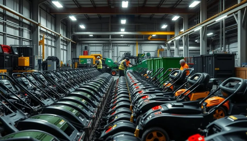 A well-lit, professional lawn mower disposal facility. In the foreground, a neatly arranged row of decommissioned lawn mowers awaiting responsible recycling. The middle ground features technicians in safety gear carefully disassembling and sorting the various components. In the background, an expansive, eco-friendly processing area with specialized machinery and storage containers. The scene conveys a sense of environmental responsibility, efficiency, and attention to detail in the lawn mower disposal process.