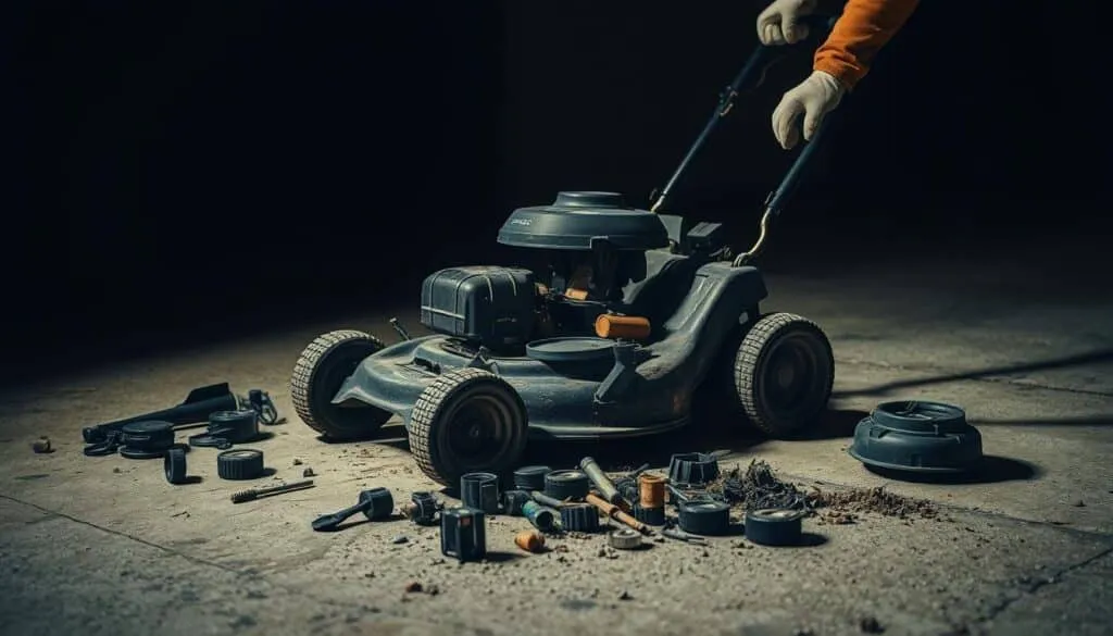 A worn, outdated lawn mower stands on a concrete surface, its components scattered around. In the foreground, a pair of gloved hands meticulously disassemble the machine, exposing its inner workings. The background is dimly lit, casting long shadows that convey a sense of finality. The scene is shot from a low angle, emphasizing the mower's bulky, unwieldy frame. The overall mood is one of quiet contemplation, as the owner prepares to bid farewell to a once-reliable tool. Warm, muted tones dominate the palette, lending an air of nostalgia to the image.