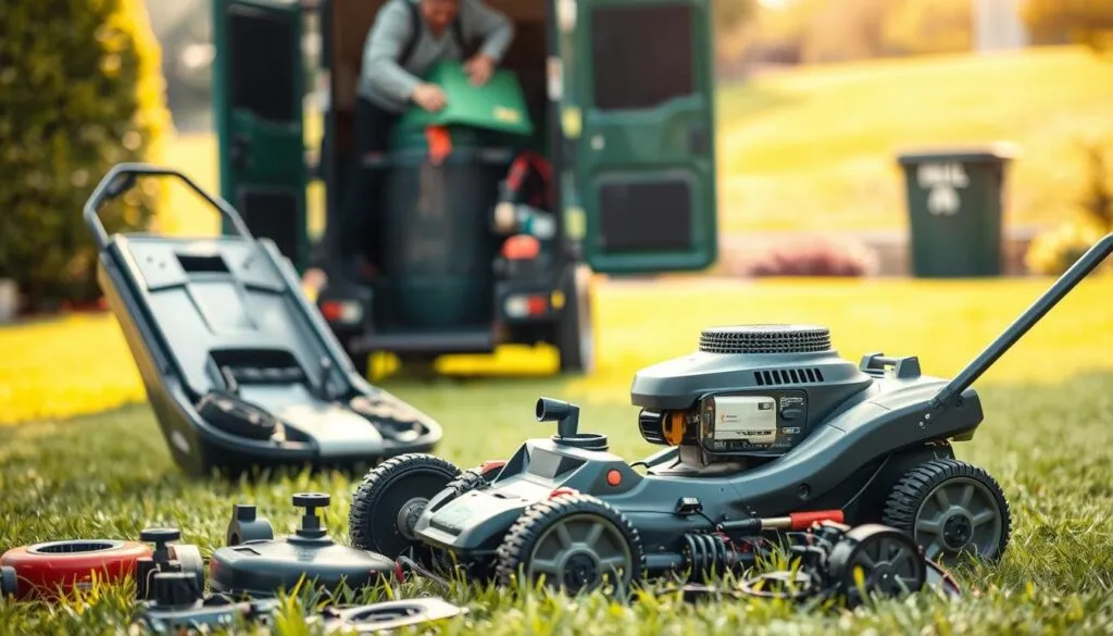 Lawn mower recycling options: a photo showcasing various recycling methods for used lawn mowers. In the foreground, a lawn mower is disassembled, with its individual components neatly arranged. In the middle ground, a person is loading parts into a recycling bin or a specialized recycling service vehicle. The background features a well-manicured lawn, suggesting the responsible disposal of the equipment. The scene is lit with warm, natural lighting, creating a sense of environmental consciousness and sustainability. The camera angle is slightly elevated, providing a comprehensive view of the recycling process. Lawn mower recycling options: a photo showcasing various recycling methods for used lawn mowers. In the foreground, a lawn mower is disassembled, with its individual components neatly arranged. In the middle ground, a person is loading parts into a recycling bin or a specialized recycling service vehicle. The background features a well-manicured lawn, suggesting the responsible disposal of the equipment. The scene is lit with warm, natural lighting, creating a sense of environmental consciousness and sustainability. The camera angle is slightly elevated, providing a comprehensive view of the recycling process.