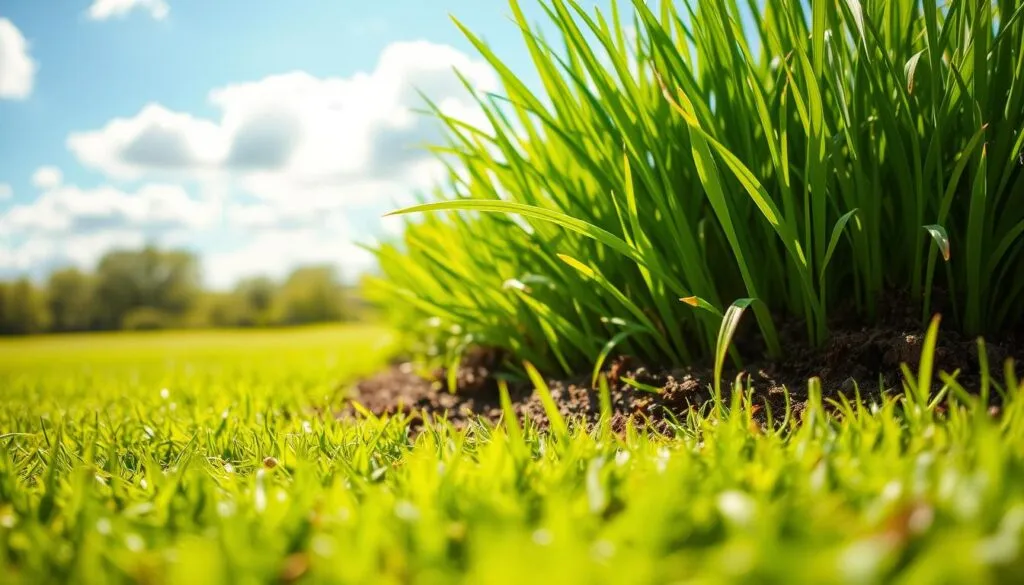 Lush green lawn bathed in soft, warm sunlight, with scattered fluffy white clouds in a clear blue sky. In the foreground, freshly aerated soil, dark and crumbly, ready for new grass growth. Gentle breeze ruffles the blades, hinting at ideal mowing conditions. Vibrant shades of green, from the newly exposed earth to the established turf, create a harmonious palette. A picture of the perfect time to mow after aeration - not too wet, not too dry, just the right balance for a healthy, well-maintained lawn.