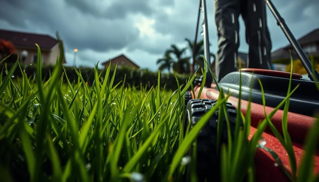 is it okay to mow the lawn in the rain