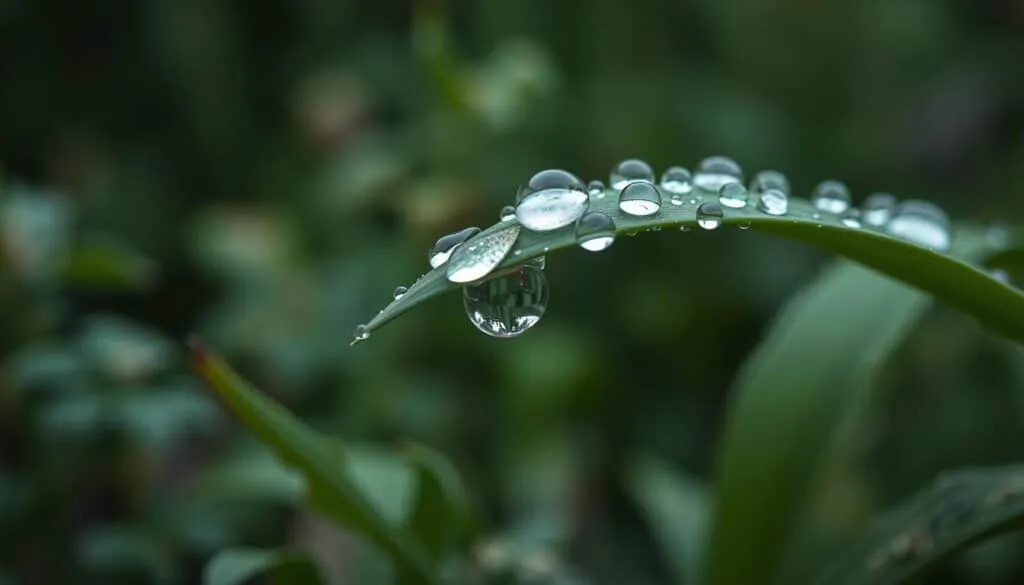 A close-up macro shot of water droplets forming on a green leaf, with a blurred natural background of plants and foliage. Crisp, high-resolution details showcasing the intricate patterns and textures of the dew. Soft, diffused natural lighting from an overcast sky, creating a serene, atmospheric ambiance. Depth of field emphasizes the droplets in sharp focus, while the surrounding environment is gently out of focus. Convey a sense of scientific observation and exploration of the natural phenomenon of dew formation.