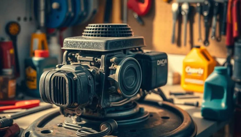 A close-up of a well-maintained lawn mower engine on a clean workshop bench, with various tools and oil cans neatly arranged around it. The engine is exposed, allowing a clear view of the inner workings. Warm, directional lighting casts shadows that emphasize the intricate mechanical details. The scene conveys a sense of diligent care and attention to proper maintenance procedures, perfect for illustrating a guide on choosing the right oil viscosity for lawn mower engines.