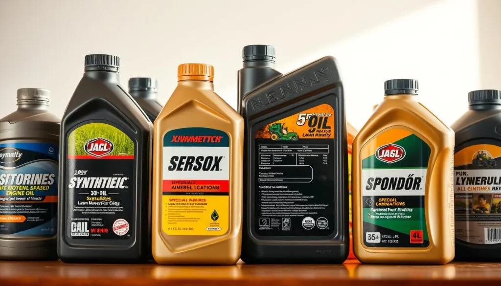 A close-up photograph of various motor oils and lubricants suitable for use in a lawn mower. The foreground features multiple bottles and containers of different brands and formulations of high-quality synthetic and mineral-based lawn mower engine oil. The middle ground showcases the diverse viscosities, SAE ratings, and specialized additives tailored for optimal lawn mower performance and protection. The background is softly blurred, creating a clean, clinical, and informative setting to highlight the importance of selecting the right oil for your lawn mower's needs. Warm, natural lighting casts subtle shadows and reflections, emphasizing the quality and clarity of the products. The image conveys a sense of expertise, care, and attention to detail when maintaining your lawn mower.