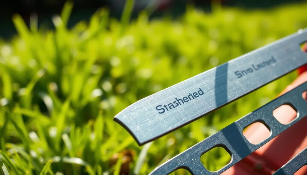 A close-up shot of freshly sharpened mower blades, their edges gleaming under the bright sunlight. The blades are positioned diagonally, allowing for a dynamic, angled view that showcases their razor-sharp precision. The background is blurred, with hints of lush green grass visible, emphasizing the blades' focus. The lighting is crisp and natural, casting subtle shadows that accentuate the blades' contours and the fine details of the metal. The overall mood is one of efficiency and readiness, reflecting the importance of maintaining sharp mower blades for a clean, well-manicured lawn.