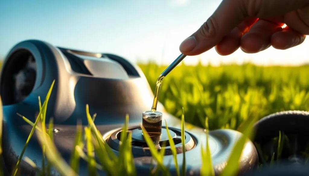 A close-up view of a hand dipping a dipstick into the oil reservoir of a push lawn mower, set against a backdrop of lush green grass and a clear blue sky. The mower's body is visible in the middle ground, with its sleek, metallic finish catching the warm afternoon sunlight. The scene is illuminated by soft, diffused lighting, creating a natural, inviting atmosphere. The focus is sharp on the dipstick, with the oil level clearly visible, allowing the user to easily assess the mower's oil status. The overall composition conveys a sense of simple, straightforward maintenance, reflecting the 