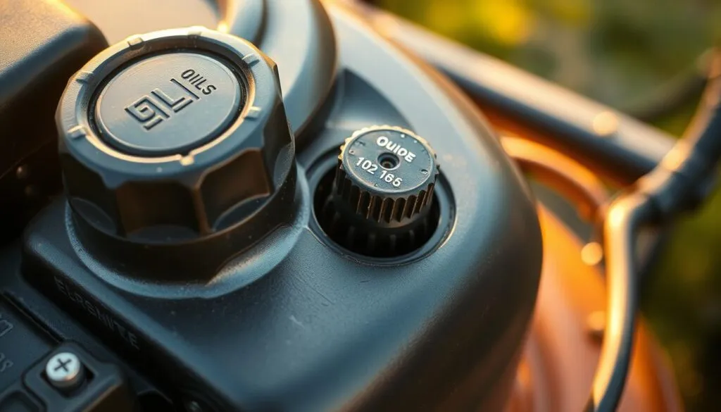 A close-up view of a lawn mower engine, highlighting the oil fill cap and dipstick. The engine is clean and well-maintained, with a warm golden glow from the lighting, conveying a sense of care and attention to detail. The focal point is the oil level, with the dipstick clearly visible, allowing the viewer to gauge the capacity and maintenance needs. The background is blurred, keeping the focus on the engine components. The image should provide a clear, informative, and visually appealing representation of the lawn mower's oil capacity and maintenance guidelines. A close-up view of a lawn mower engine, highlighting the oil fill cap and dipstick. The engine is clean and well-maintained, with a warm golden glow from the lighting, conveying a sense of care and attention to detail. The focal point is the oil level, with the dipstick clearly visible, allowing the viewer to gauge the capacity and maintenance needs. The background is blurred, keeping the focus on the engine components. The image should provide a clear, informative, and visually appealing representation of the lawn mower's oil capacity and maintenance guidelines.