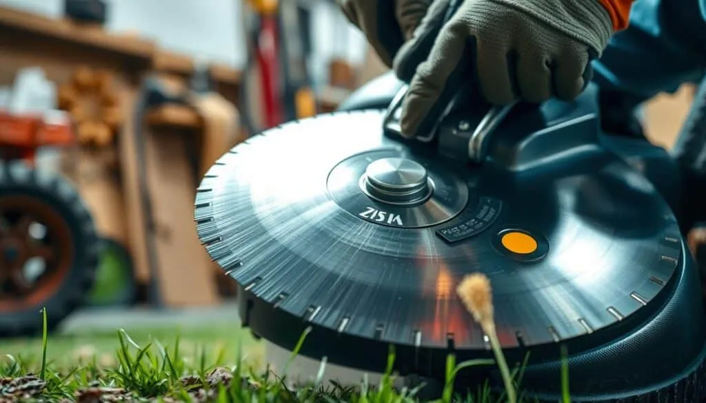 A close-up view of a mower blade undergoing maintenance, set against a workshop backdrop. The blade, shiny and sharp, is being carefully inspected for any nicks or irregularities. The worker's hands, adorned with protective gloves, meticulously run along the edges, testing the blade's integrity. Bright, focused lighting illuminates the scene, casting crisp shadows and highlights that accentuate the intricate details of the blade. The overall atmosphere conveys a sense of precision, care, and attention to detail, reflecting the importance of proper mower maintenance for achieving clean, even cuts.