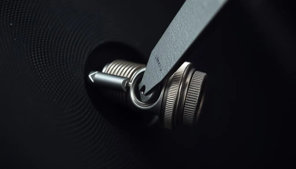 A close-up view of a spark plug gap adjustment tool precisely measuring the gap between the electrodes of a Honda lawn mower spark plug. The tool is positioned delicately, casting a soft shadow on the metallic surface. The plug's crisp, silvery sheen contrasts with the textured, matte-black background, creating a sense of technical precision. Soft, diffused lighting from an unseen source illuminates the scene, emphasizing the intricate details and the importance of proper gap adjustment for optimal engine performance. A close-up view of a spark plug gap adjustment tool precisely measuring the gap between the electrodes of a Honda lawn mower spark plug. The tool is positioned delicately, casting a soft shadow on the metallic surface. The plug's crisp, silvery sheen contrasts with the textured, matte-black background, creating a sense of technical precision. Soft, diffused lighting from an unseen source illuminates the scene, emphasizing the intricate details and the importance of proper gap adjustment for optimal engine performance.