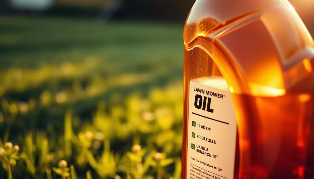 A close-up view of a transparent motor oil bottle, its contents swirling and reflecting light, set against a blurred background of a freshly mowed lawn. The bottle's label prominently displays the temperature ranges suitable for the oil, emphasizing its importance in maintaining optimal lawn mower performance. The scene is illuminated by warm, golden light, creating a sense of depth and atmosphere that underscores the significance of proper oil selection for lawn mower engines.