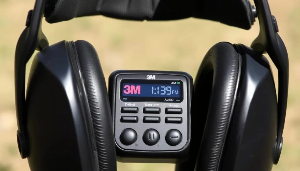 A close-up view of the 3M Peltor Worktunes headset, featuring a sleek and modern design with a black matte finish. The headphones have large earcups that fit comfortably over the ears, providing excellent noise reduction for use in noisy environments like lawn mowing. The headband is adjustable and padded for a secure and comfortable fit. The headset has a clear, high-quality AM/FM radio display situated in the center of the earcups, allowing the user to easily monitor and control the audio. The image is captured in natural lighting, showcasing the product's durability and functionality for its intended use in outdoor work activities.