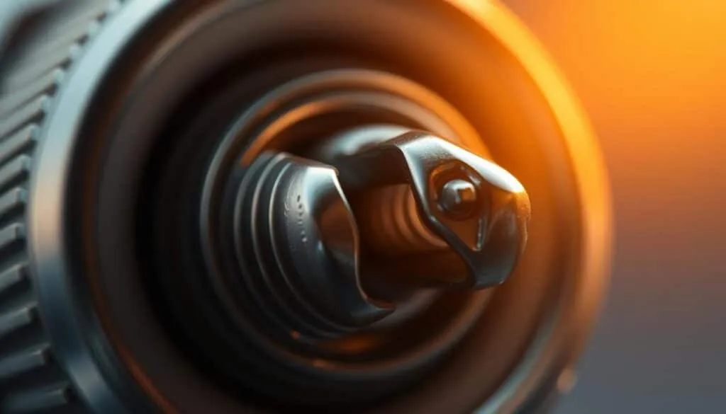 A close-up view of the electrodes of a spark plug, illuminated by a soft, warm light that accentuates their metallic sheen. The gap between the electrodes is clearly visible, showcasing the precise engineering required for efficient ignition. The plug's ceramic body is subtly textured, contrasting with the sleek, polished surfaces of the metal components. The image is captured from a slightly low angle, providing a sense of depth and emphasizing the intricate details of this crucial engine component. A close-up view of the electrodes of a spark plug, illuminated by a soft, warm light that accentuates their metallic sheen. The gap between the electrodes is clearly visible, showcasing the precise engineering required for efficient ignition. The plug's ceramic body is subtly textured, contrasting with the sleek, polished surfaces of the metal components. The image is captured from a slightly low angle, providing a sense of depth and emphasizing the intricate details of this crucial engine component.