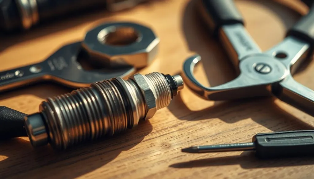 A detailed close-up of a silver and black spark plug socket, surrounded by a set of mechanic's tools including a wrench, pliers, and a screwdriver, all laid out on a clean, well-lit wooden surface. The lighting is warm and natural, creating deep shadows and highlights that showcase the textures and metallic finishes of the tools. The composition is balanced and organized, drawing the viewer's attention to the spark plug socket as the central focus. The overall mood is one of precision, functionality, and the satisfaction of completing a maintenance task.