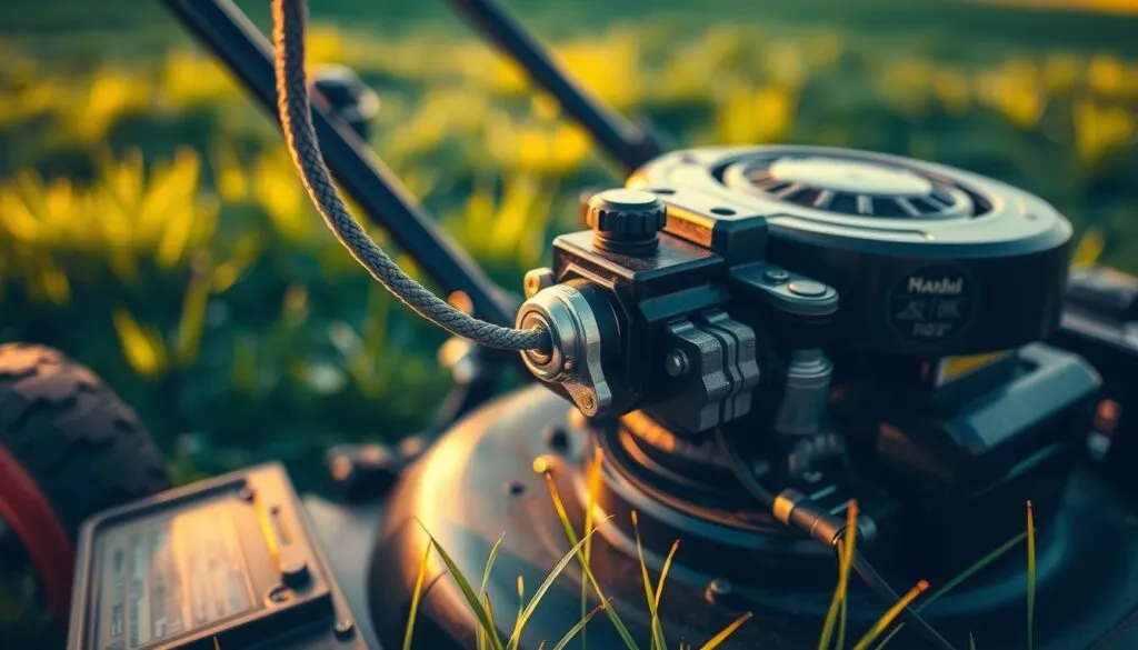 A detailed close-up view of the starter system of a lawn mower, captured under warm, golden-hour lighting. The foreground features the pull cord, starter housing, and engine components in sharp focus, showcasing their intricate mechanical design. The middle ground includes the lawn mower's deck and surrounding grass, providing context. The background fades into a blurred, verdant landscape, creating a sense of depth and atmosphere. The overall image conveys the technical nature of the subject while maintaining a sense of natural, outdoor setting, reflecting the 