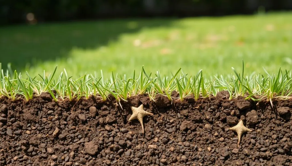 A detailed cross-section of densely compacted soil, showcasing the detrimental effects of excessive foot traffic or heavy machinery on a lawn. The foreground depicts tightly packed soil particles, with minimal air pockets and poor drainage. The middle ground reveals crushed and damaged grass roots, struggling to penetrate the unyielding substrate. In the background, a verdant, healthy lawn contrasts the lifeless, barren compacted area, highlighting the stark difference in soil structure and plant growth. The lighting is soft and natural, casting subtle shadows that accentuate the textural details. The composition is captured at a slight angle, providing a clear view of the soil's internal structure and the impact on the lawn's overall health.