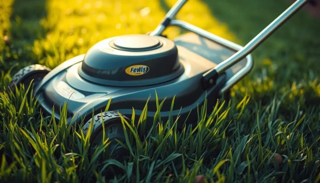 A detailed, industrial-style lawn mower rests on a lush, verdant lawn. The mower's sleek, metallic frame glistens under warm, directional lighting, casting subtle shadows across the grass. The blades are sharp and clearly visible, ready to tackle the damp, resilient foliage. The scene conveys a sense of power and efficiency, highlighting the mower's role in maintaining a well-groomed outdoor space. The background is slightly blurred, emphasizing the mower as the central focus. The overall atmosphere is one of functional elegance, capturing the impact of this essential gardening tool.