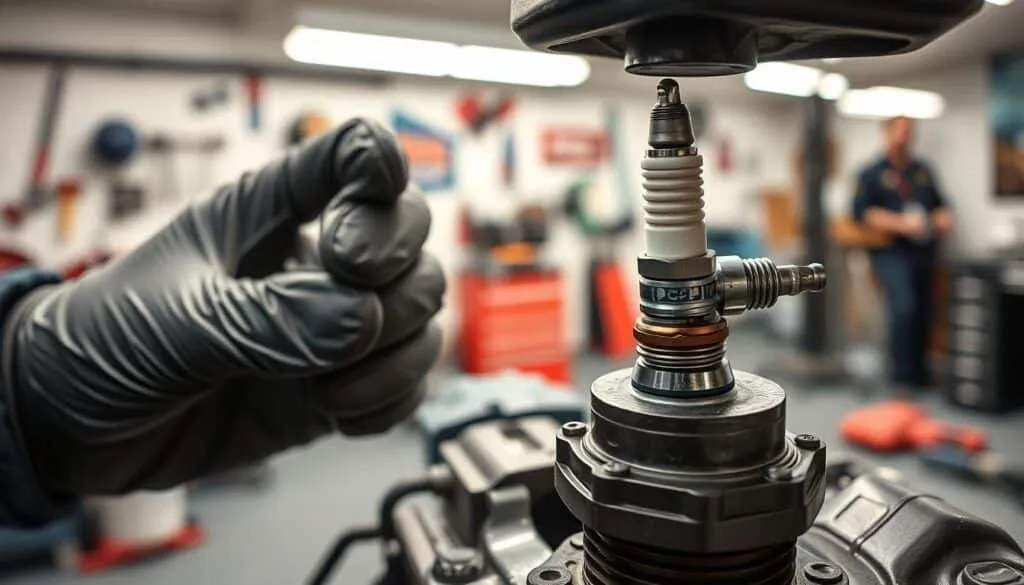 A detailed step-by-step spark plug replacement process. In the foreground, a mechanic's gloved hands carefully removing the old spark plug from a small engine. In the middle ground, a close-up of the new spark plug being gently threaded into the cylinder head. The background features a clean, well-lit workshop environment with tools and equipment neatly arranged. Soft, directional lighting illuminates the process, creating a sense of focus and precision. The overall scene conveys the methodical nature of spark plug maintenance, with a technical, informative atmosphere.