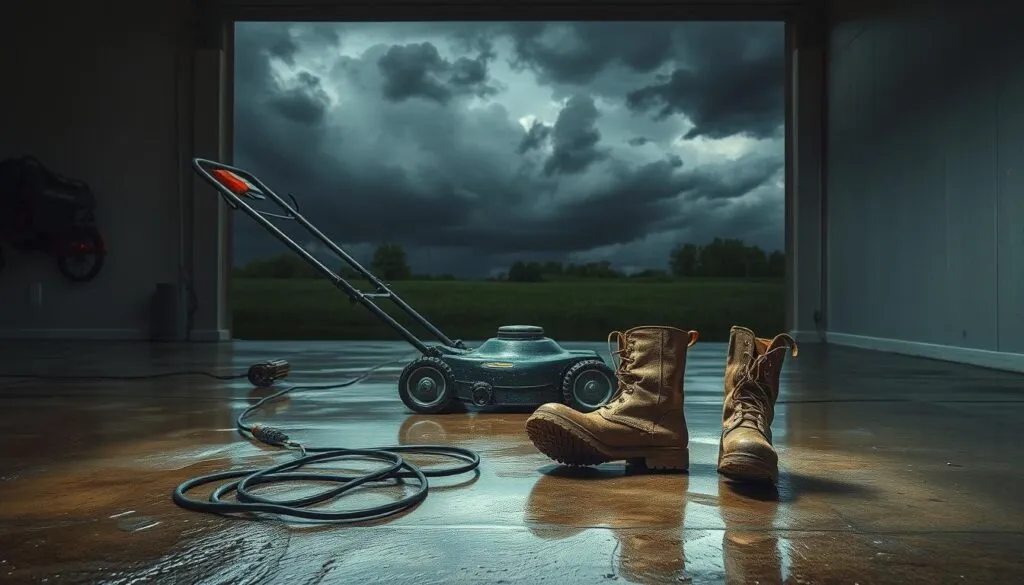 A dimly lit garage interior, the floor glistening with puddles of water. In the foreground, a lawn mower stands idly, its blades still wet from the recent mowing. Electrical cords snake across the damp concrete, posing a serious electrocution hazard. The mid-ground reveals a pair of worn, muddy boots, the owner distracted, oblivious to the dangers around them. In the background, dark storm clouds loom, their ominous presence hinting at the slippery, treacherous conditions outside. The atmosphere is one of unease and potential disaster, a cautionary tale about the safety risks of mowing wet grass.