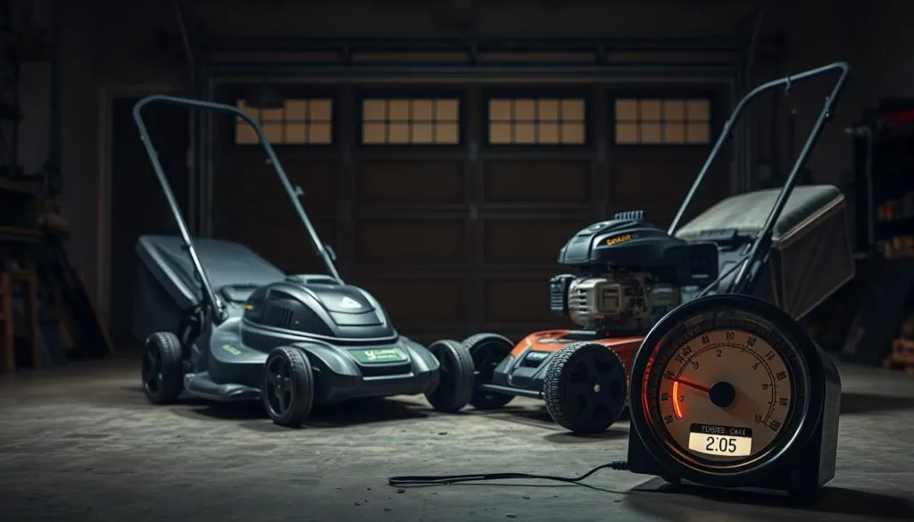 A dimly lit workshop, the centerpiece a side-by-side comparison of an electric and a gas-powered lawn mower. The electric mower, sleek and silent, stands in stark contrast to the gas-powered counterpart, its engine rumbling with a deep, guttural roar. In the foreground, a meticulously crafted sound meter captures the decibel readings, highlighting the distinct noise profiles of the two mowers. Subtle shadows and warm lighting create a contemplative atmosphere, inviting the viewer to consider the tradeoffs between performance and noise. The background features a partially open garage door, hinting at the outdoor setting where these mowers would be put to the test.